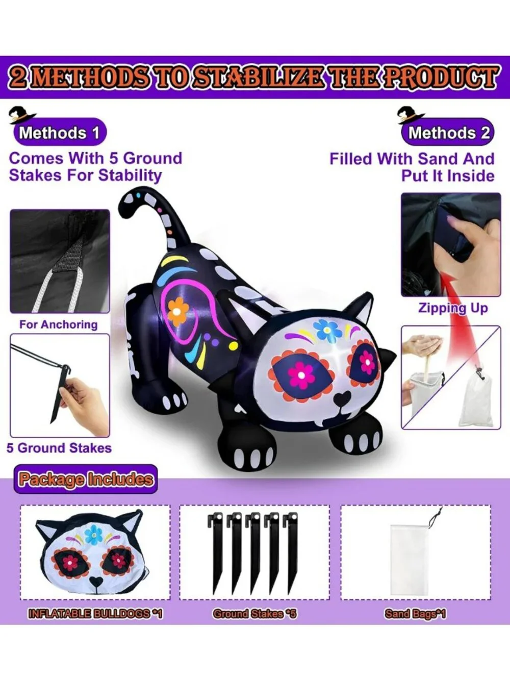 5 Ft Day of the Dead Inflatable Sugar Skull & Black Cat - Rotating Head Decor